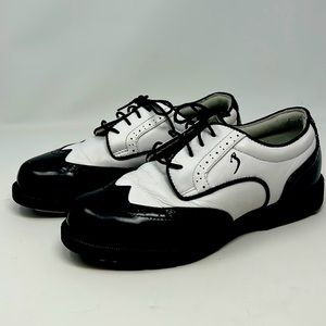 Lady FairWay Golf Shoe size 9M Saddle Shoe Leather Uppers Cleats Black and White